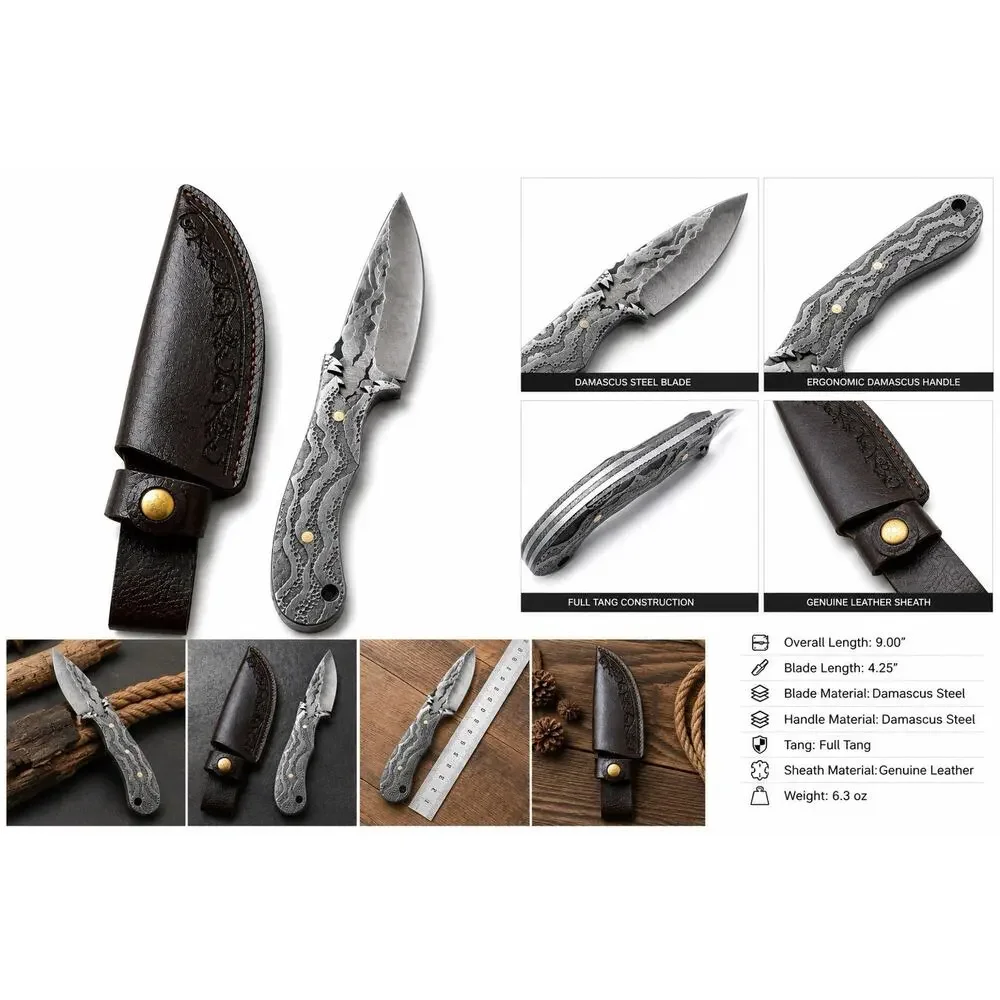 Damascus Steel Fixed Blade Hunting Knife Full Tang w/ Leather Sheath Handmade